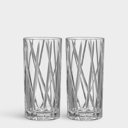 Orrefors City Highball Glasses Set of 2 - Modern Cut Glass Cocktail Tumblers