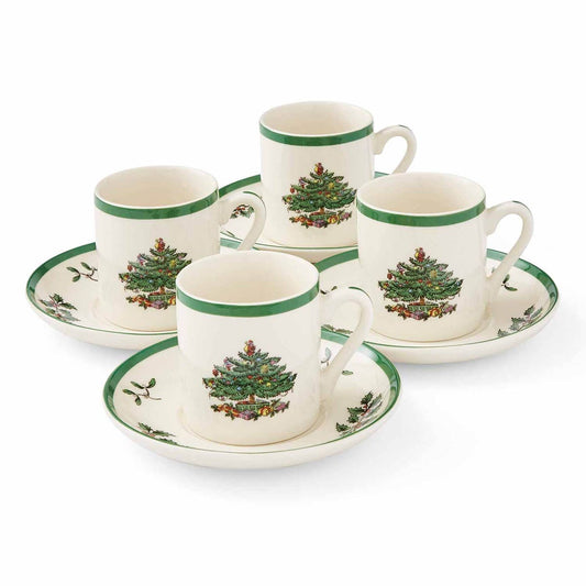 Spode Christmas Tree Espresso Cups & Saucers – Set of 4 Holiday Coffee Cups Spode