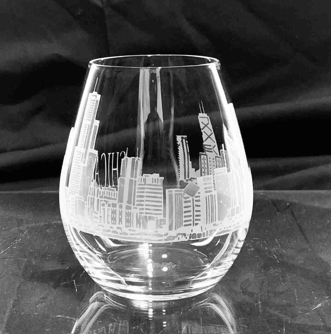Chicago Skyline Stemless Wine Glasses - PAIR Crystal House