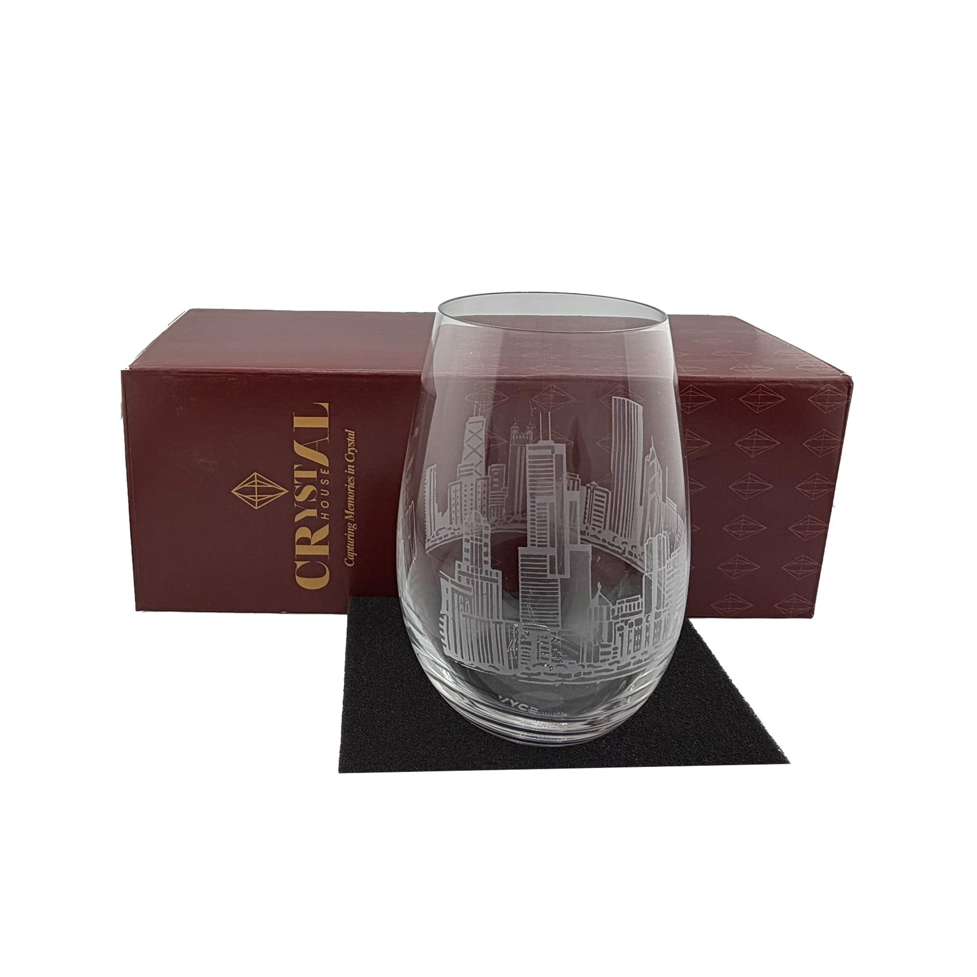 Crystal House Premium Chicago Skyline Old Fashioned Stemless Wine Glass – Engraved Luxury Crystal Crystal House - Skyline - Crystal House