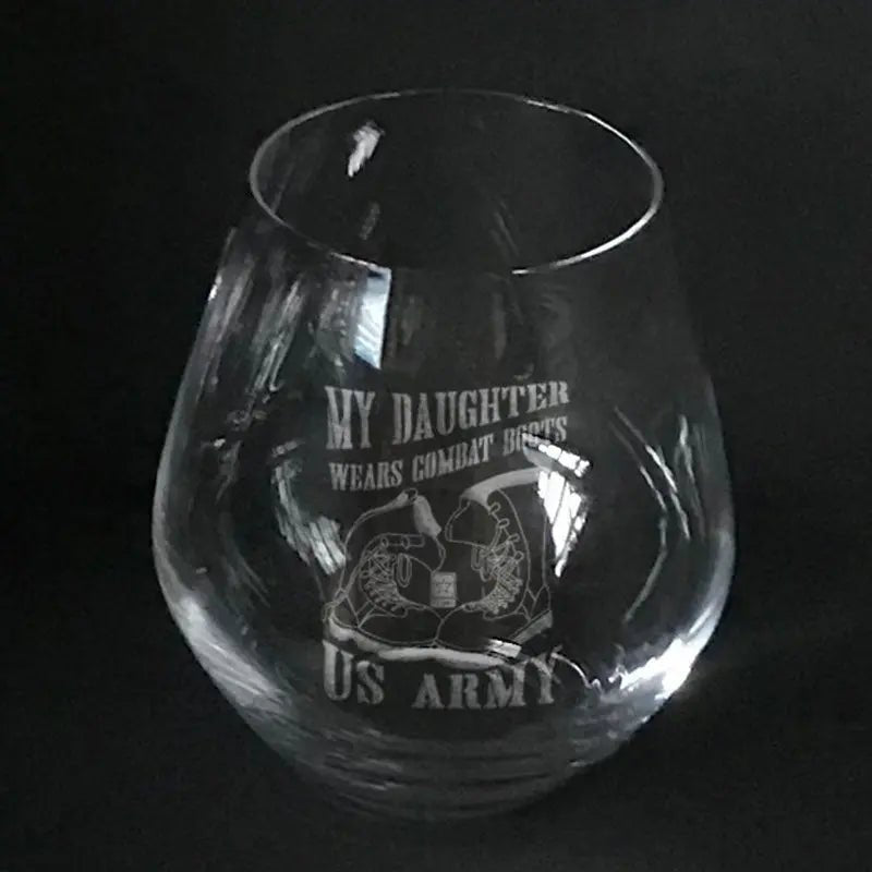Custom US Army combat boots logo on stemless wine glass Crystal House
