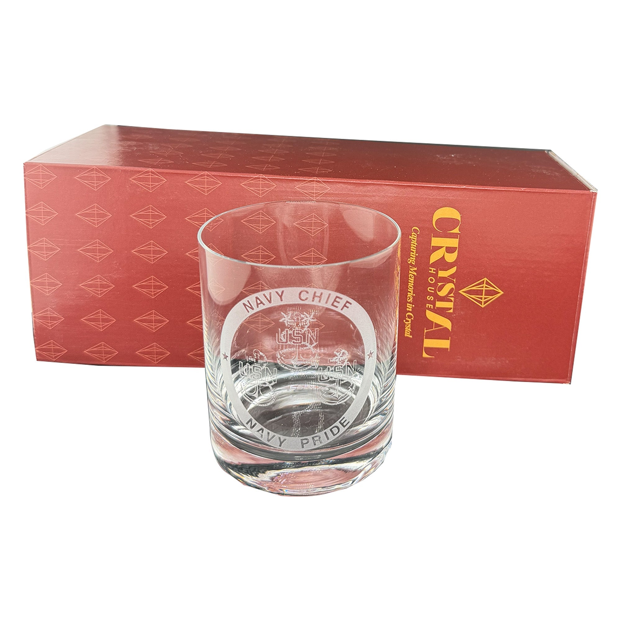 Engraved U.S. Navy Chief crystal whiskey rocks glass gift