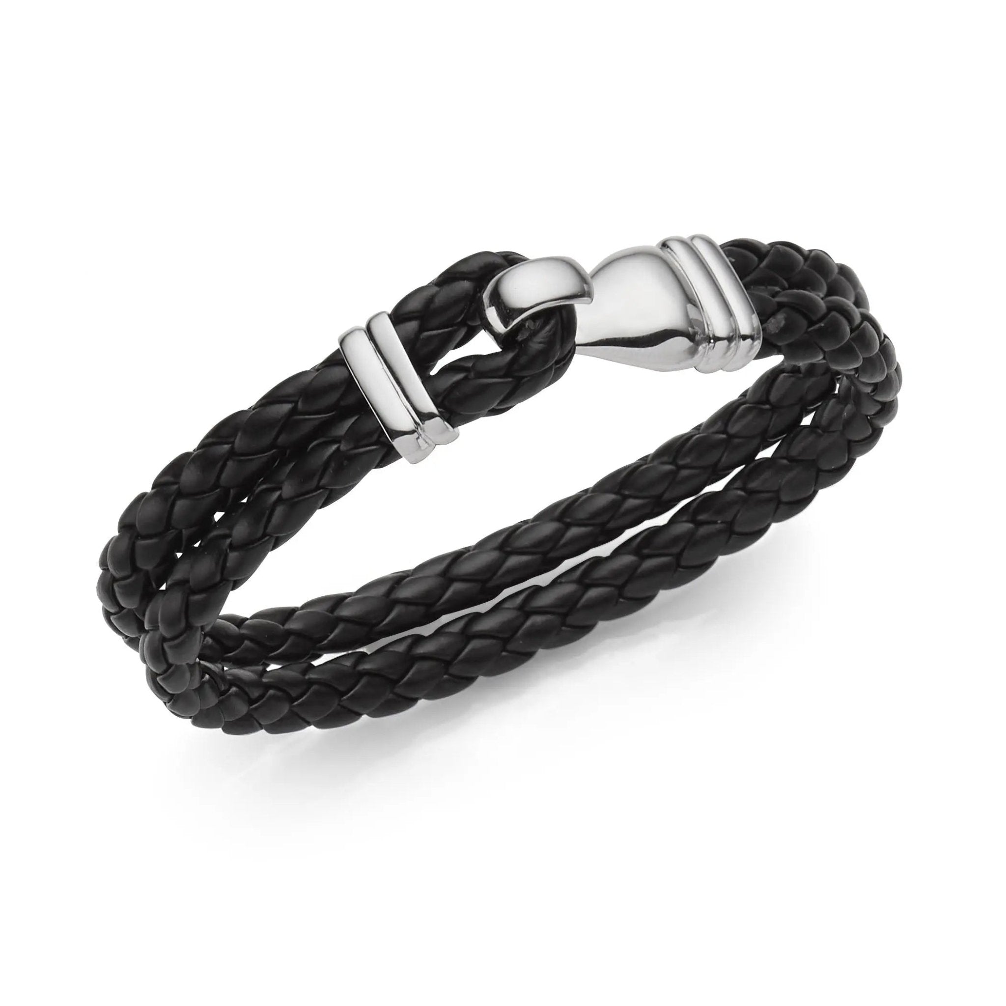 Hook Leather Bracelet - Men's Black Braided Wristband with Silver Clasp.