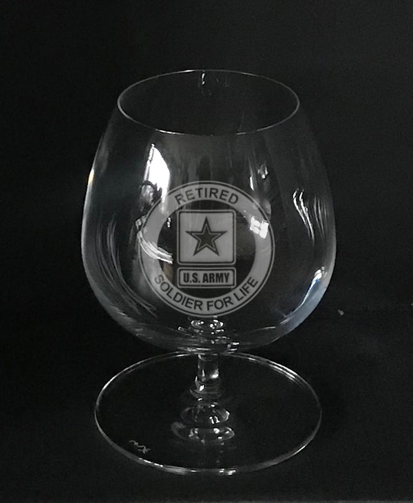US Army logo 'retired soldier for life'  engraved on brandy snifter
