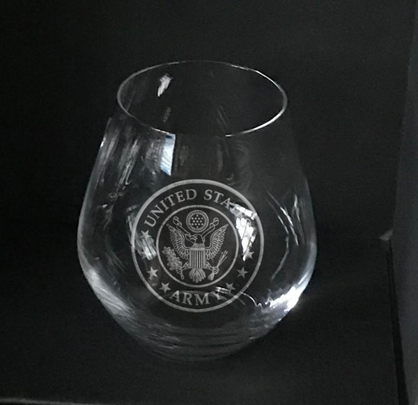 US Army logo sand carved on stemless wine glass