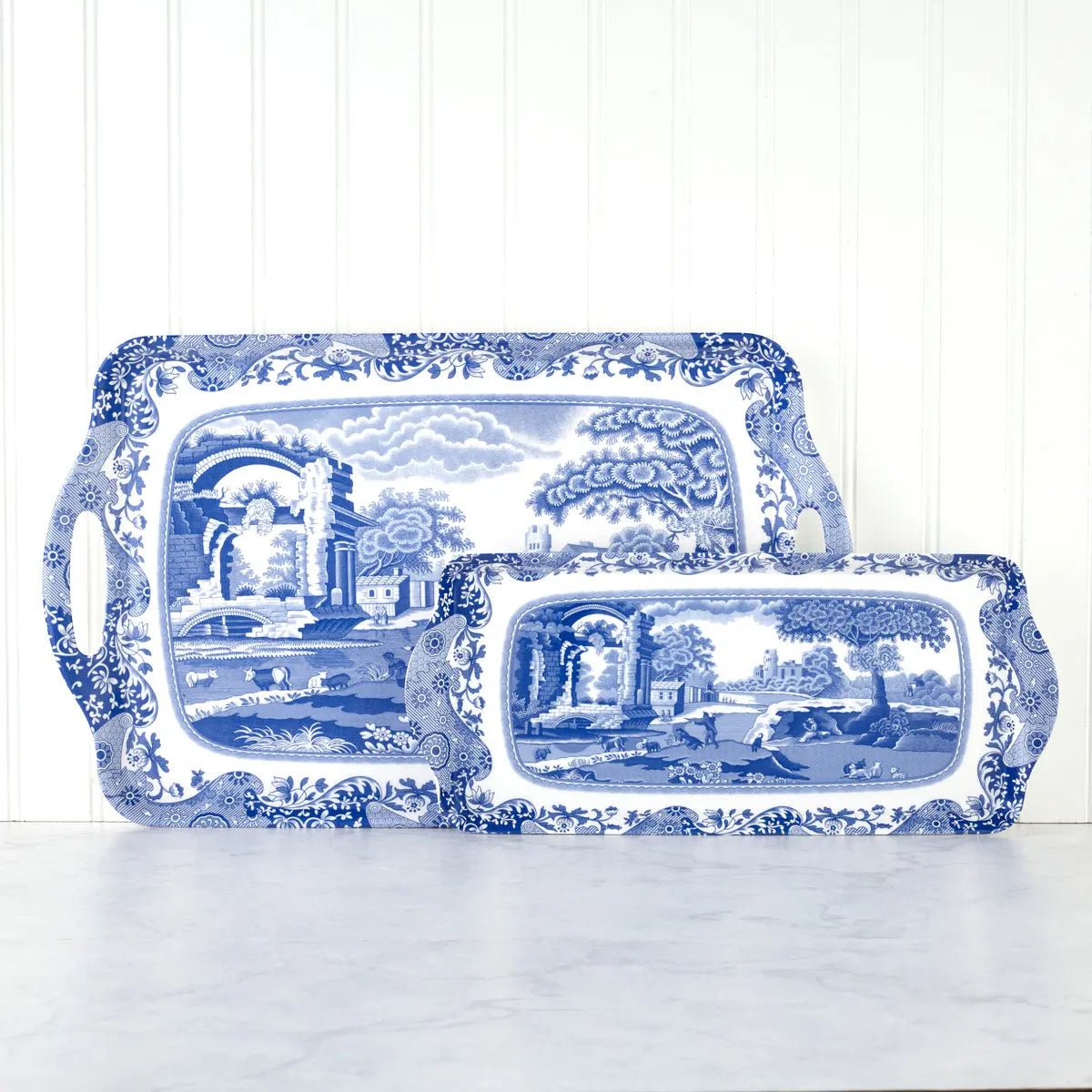 Large blue Italian melamine serving tray with handles