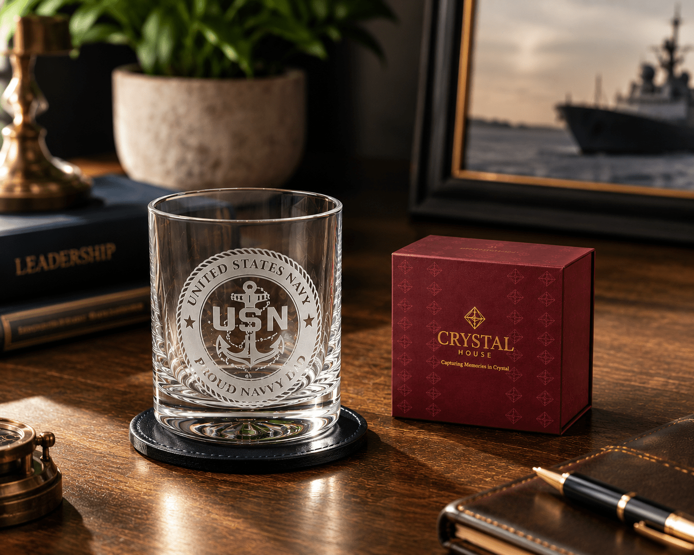 Premium Custom US Navy Gift – Fine Crystal Glass with Deep Sand Carved Engraving Crystal House - Crystal House