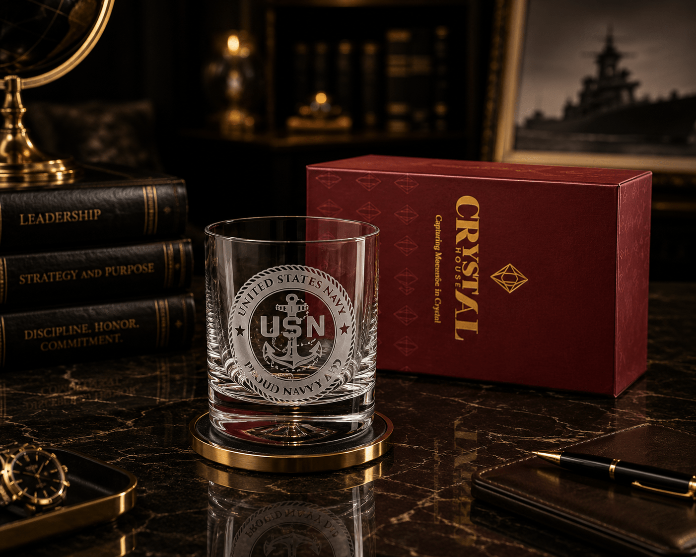 Premium Custom US Navy Gift – Fine Crystal Glass with Deep Sand Carved Engraving Crystal House - Crystal House