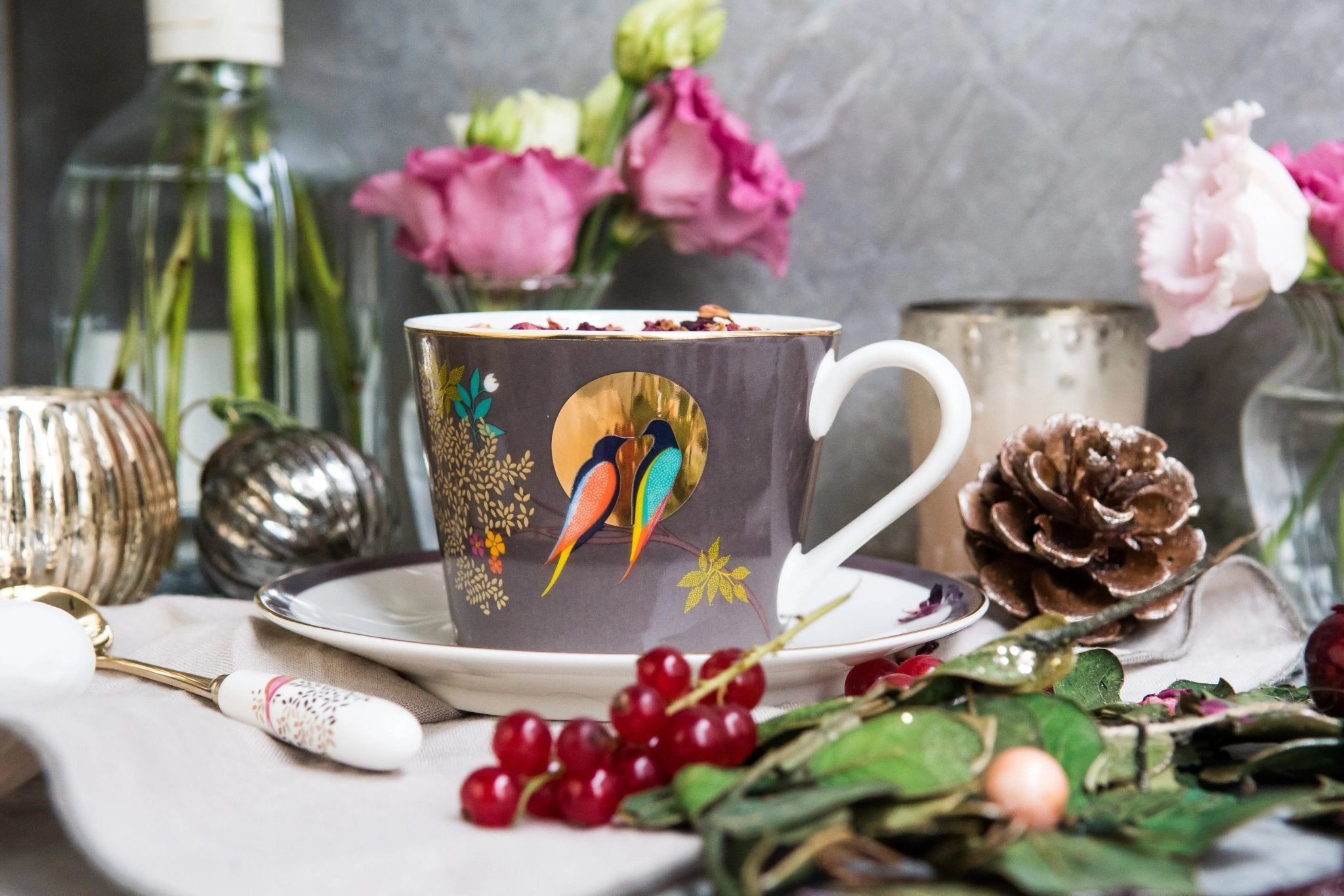 Sara Miller - Chelsea Collection Teacup and Saucer - Dark Grey Portmeirion