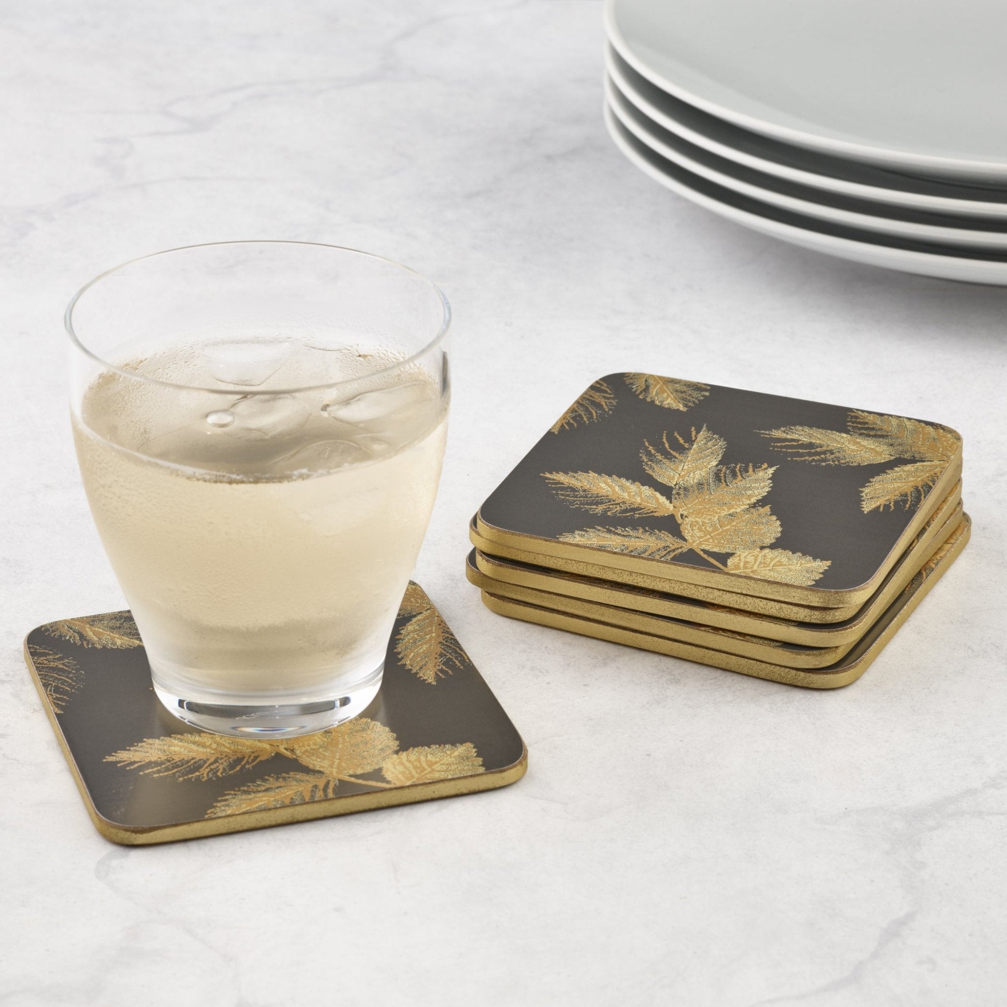 Sara Miller - London Etched Leaves Coasters Set of 6 Dark Grey Portmeirion - Crystal House