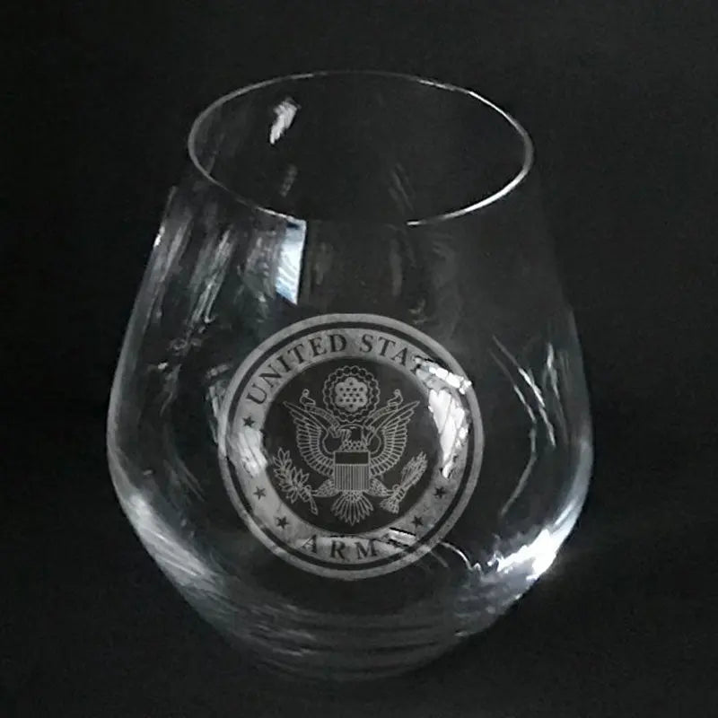 US Army insignia engraved on stemless wine glass Crystal House