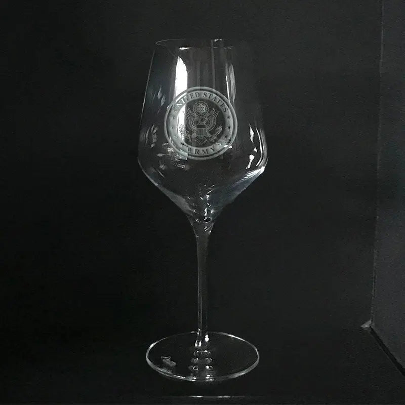 US Army Insignia White Wine Glass Custom Engraved Crystal Stemware for Military Gifts.