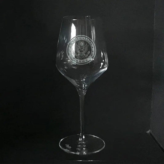 US Army Insignia White Wine Glass Custom Engraved Crystal Stemware for Military Gifts.