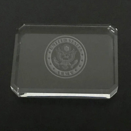 US Army Logo Paperweight - Custom Engraved Crystal Desk Accessory for Military Gifts.
