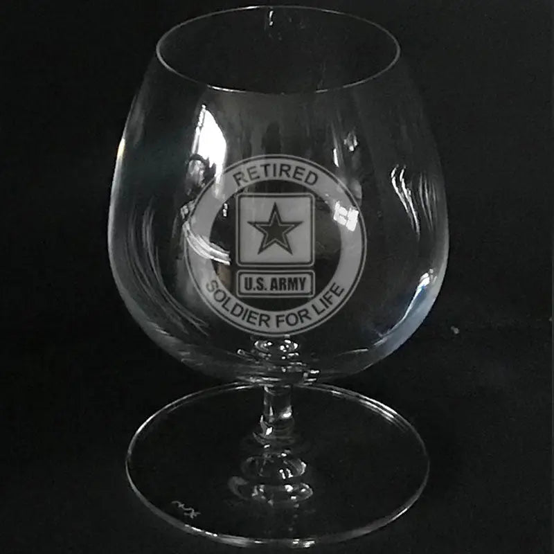 US Army logo - retired soldier for life' engraved on brandy snifter Crystal House