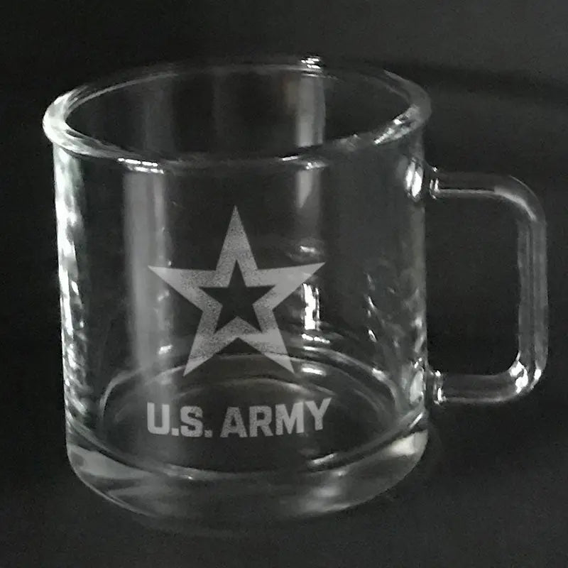 US Army Star Engraved Warm Beverage Mug - Custom Etched Glass Coffee Cup.