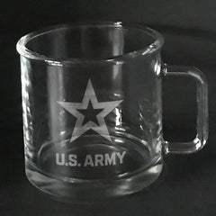 US Army Star Engraved Warm Beverage Mug - Custom Etched Glass Coffee Cup.