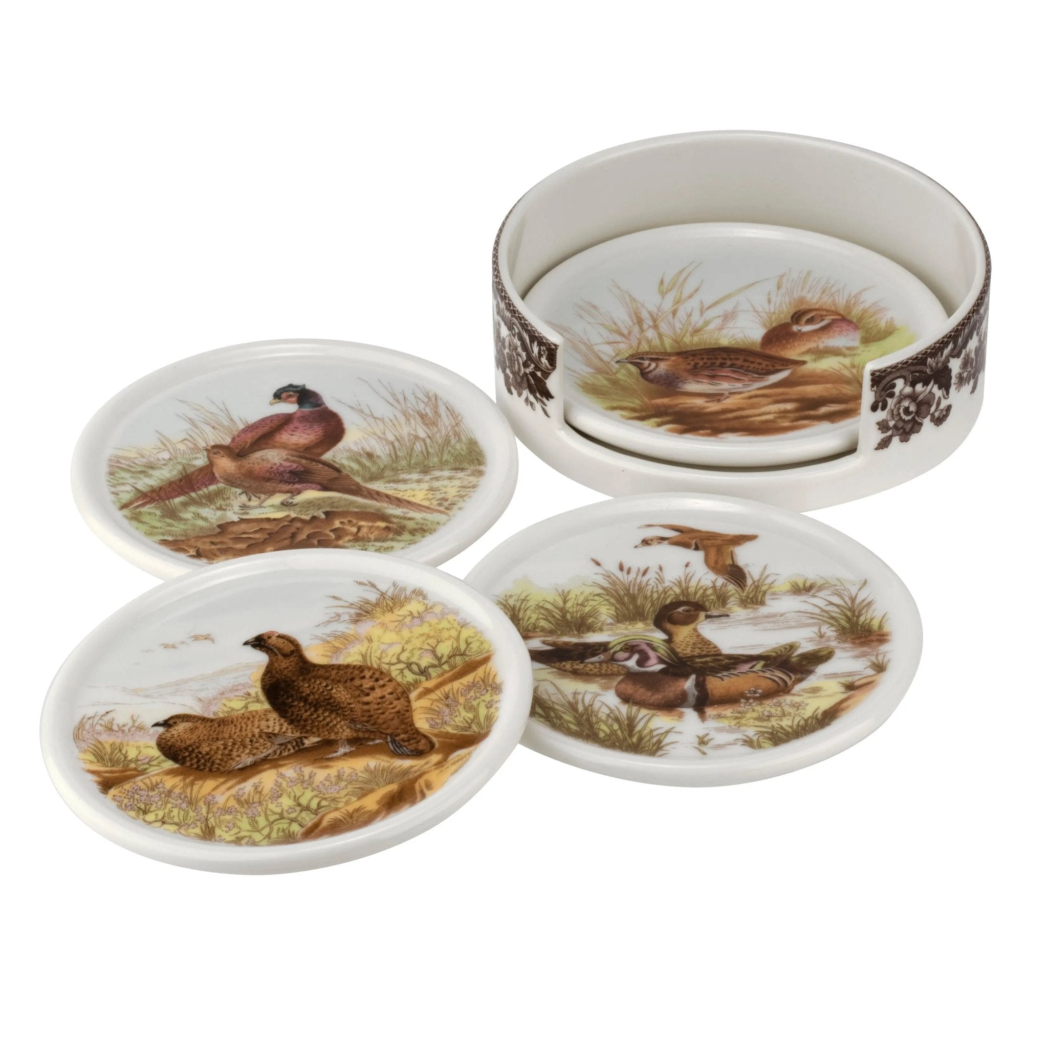 Woodland Dinnerware / Serveware / Bakeware 4 Piece Ceramic Coaster Set with Holder Spode