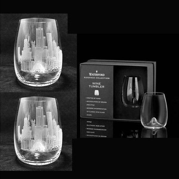 Skyline etched on Waterford stemless wine glasses (Pair)