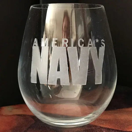 Americas Navy sand carved on Stemless Wine Glasses - Pair Crystal House