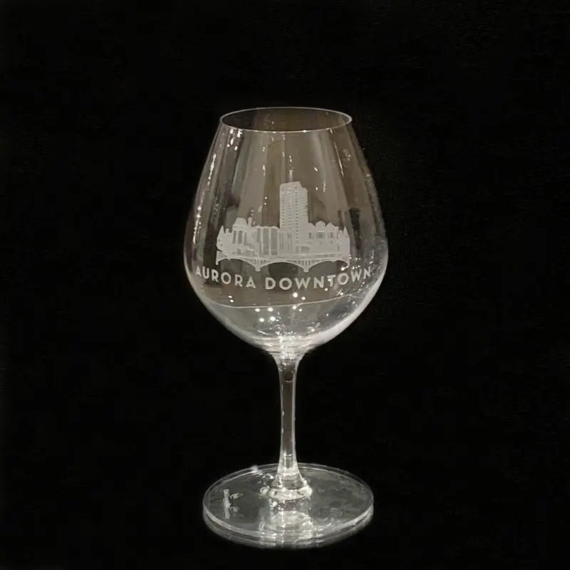 Red Wine Glass engraved with Aurora Downtown skyline design