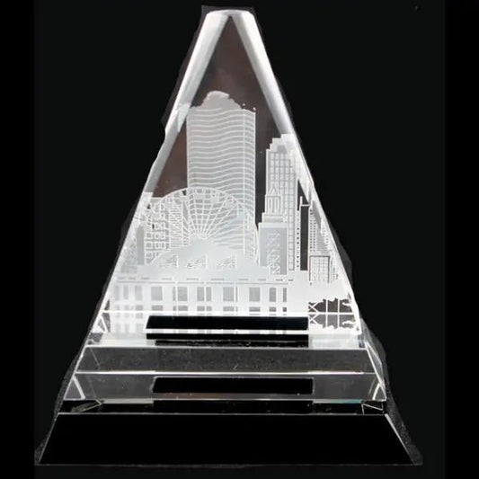 Clear Triangle on Black Crystal pedestal base | Personalized Recognition Gifts and Corporate Awards Crystal House