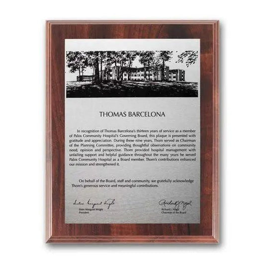 Etch Oxidized Plaq - Walnut Finish Crystal House