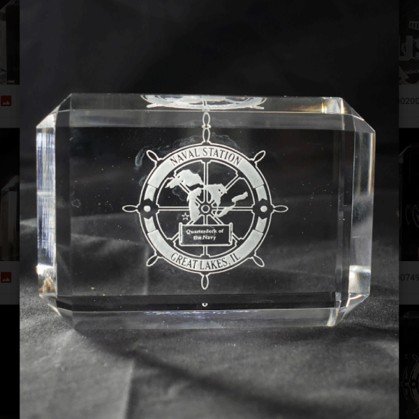 Faceted Paperweight with Great Lakes Logo - Custom Engraved Crystal for Naval Station Great Lakes.
