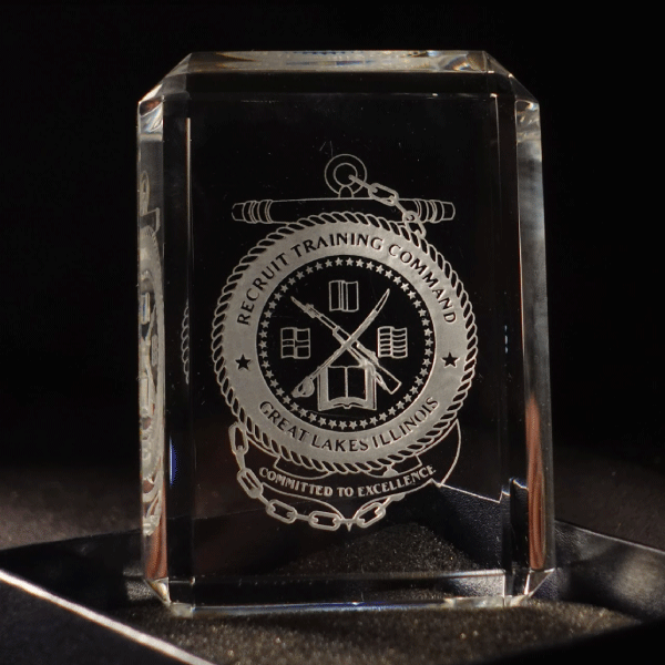 Faceted Paperweight with Great Lakes Logo - Custom Engraved Crystal for Naval Station Great Lakes.