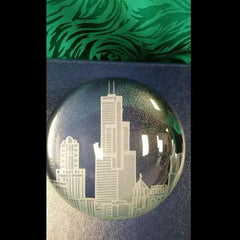 Gazing Dome Crystal Paperweight with hand-etched city skyline design