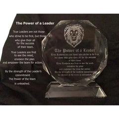 The Power of a Leader Crystal Award - Premium Lion Engraved Trophy for Leadership Recognition.
