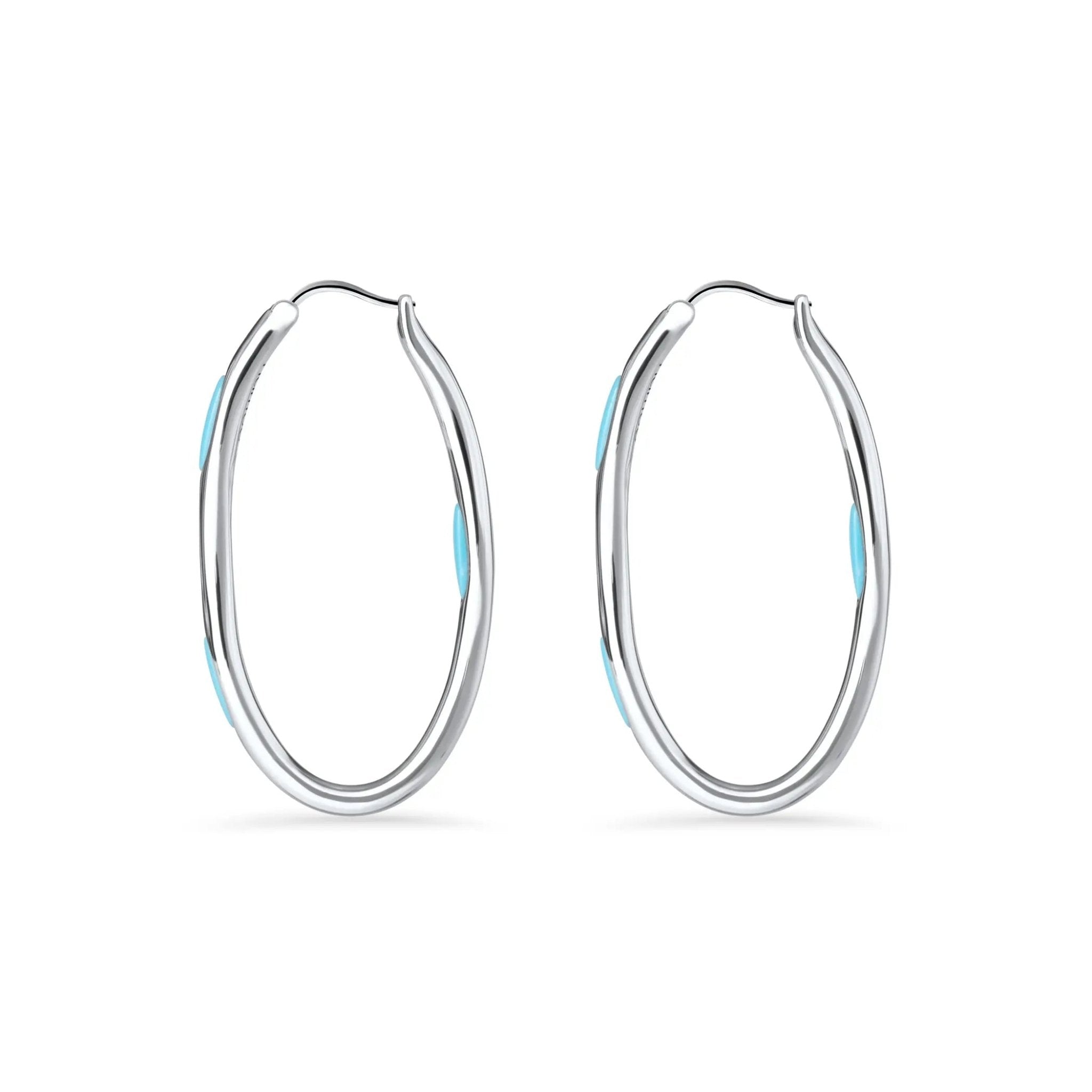 Marina Silver Flow Hoop Earrings - Sterling Silver and Turquoise Oval Hoops.