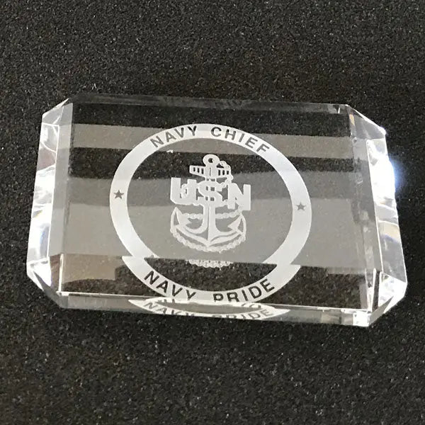 Navy Chief Crystal Paperweight, Custom Engraved USN Anchor and Navy Pride Award.