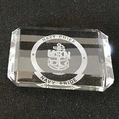 Navy Chief Crystal Paperweight, Custom Engraved USN Anchor and Navy Pride Award.