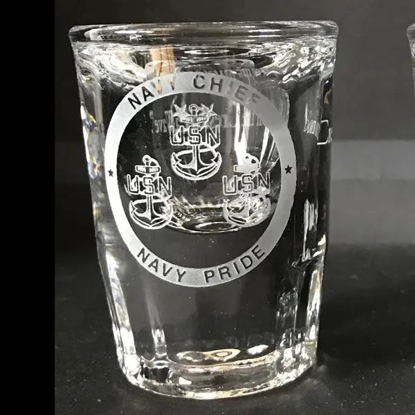 Navy Chief Logo sand carved shot glasses with personalized engraving