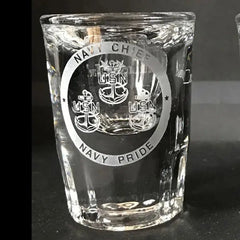 Navy Chief Logo sand carved shot glasses with personalized engraving