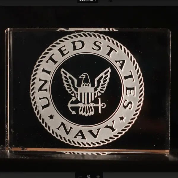 US Navy Rectangular Block Paperweight, Custom Engraved Crystal Desk Accessory.