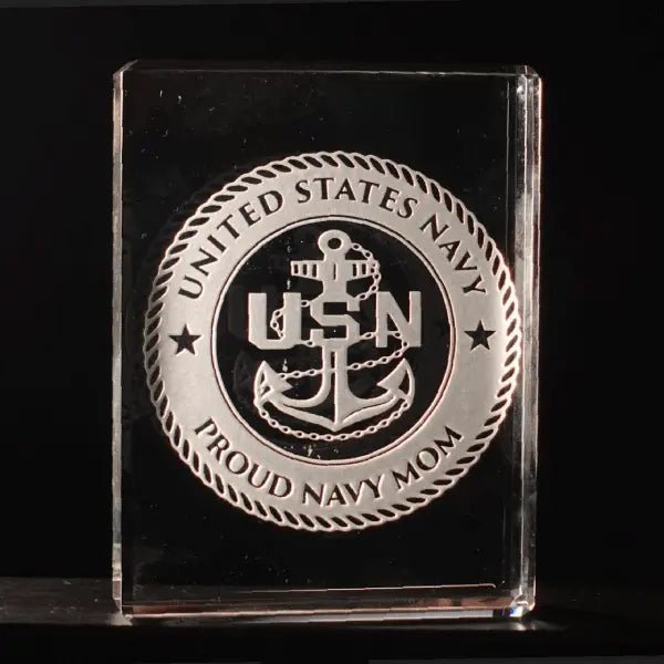 US Navy Rectangular Block Paperweight, Custom Engraved Crystal Desk Accessory.