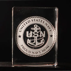 US Navy Rectangular Block Paperweight, Custom Engraved Crystal Desk Accessory.