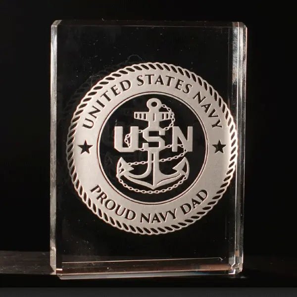 US Navy Rectangular Block Paperweight, Custom Engraved Crystal Desk Accessory.