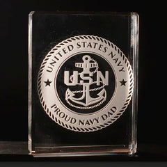 US Navy Rectangular Block Paperweight, Custom Engraved Crystal Desk Accessory.