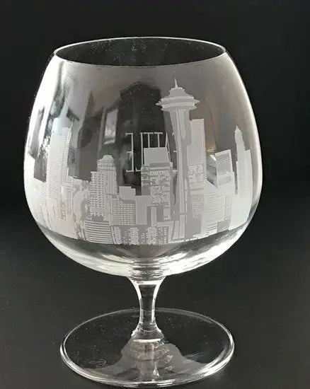 Seattle Skyline Sand carved on Cognac glass (PAIR) Crystal House