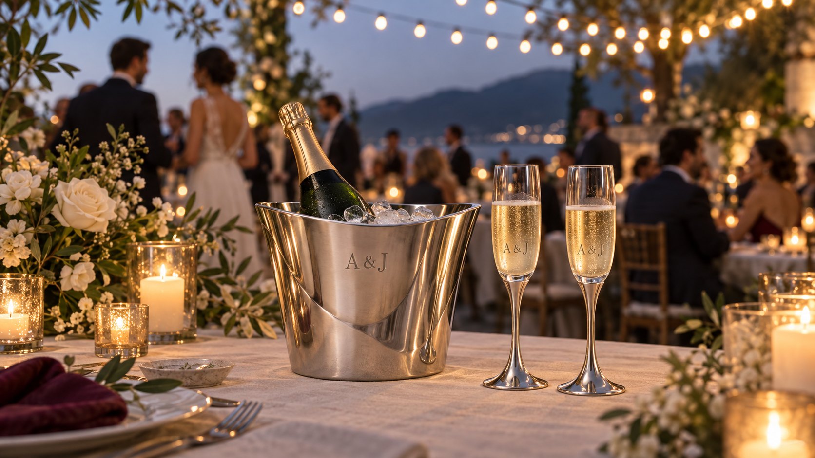 A reception table at dusk with an engraved champagne bucket and two engraved flutes