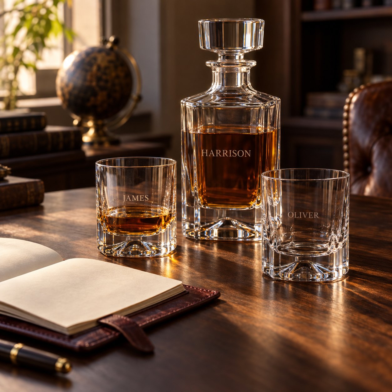 A whisky decanter engraved Harrison with glasses engraved James and Oliver