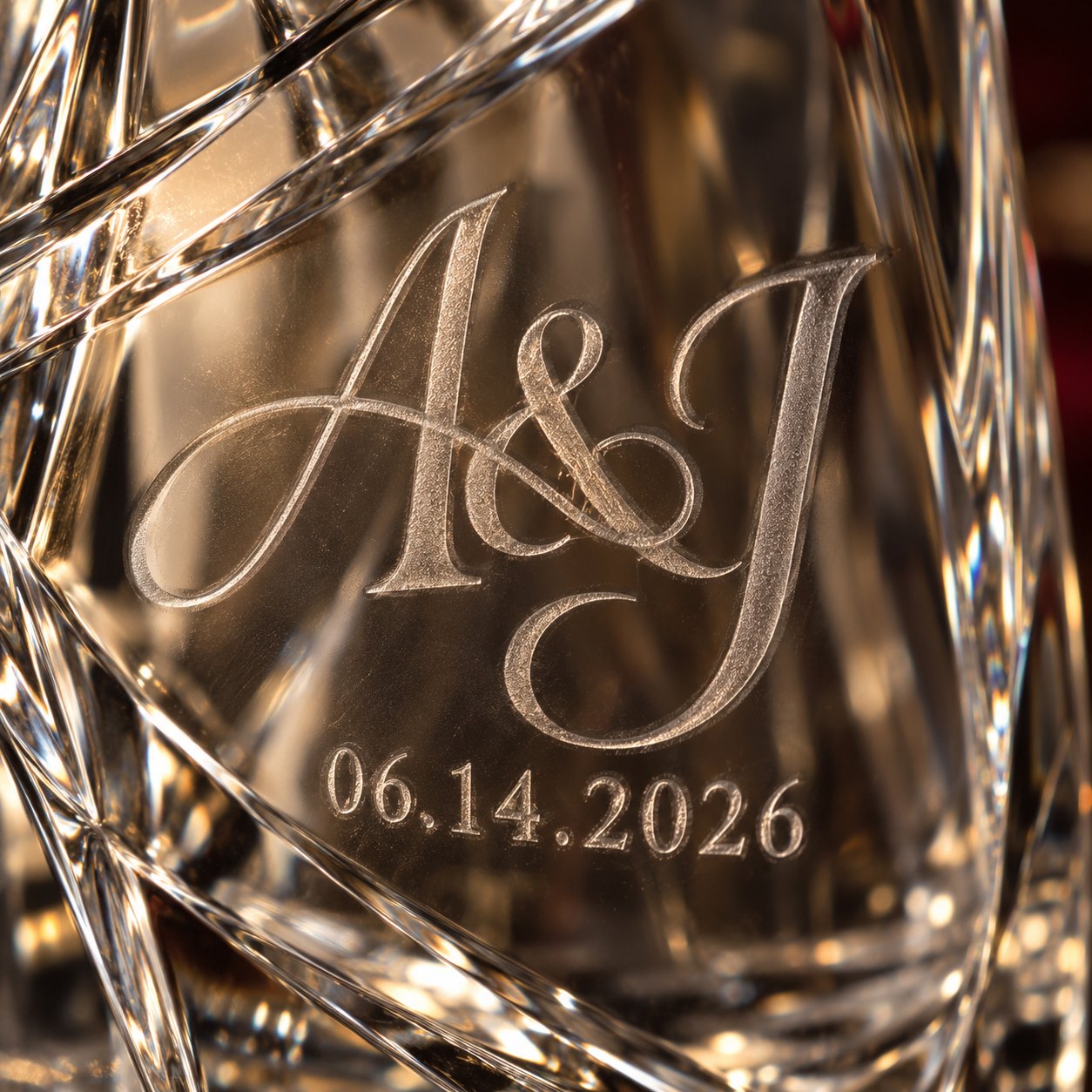 Macro of a sand-carved monogram A and J and the date 06.14.2026 in crystal