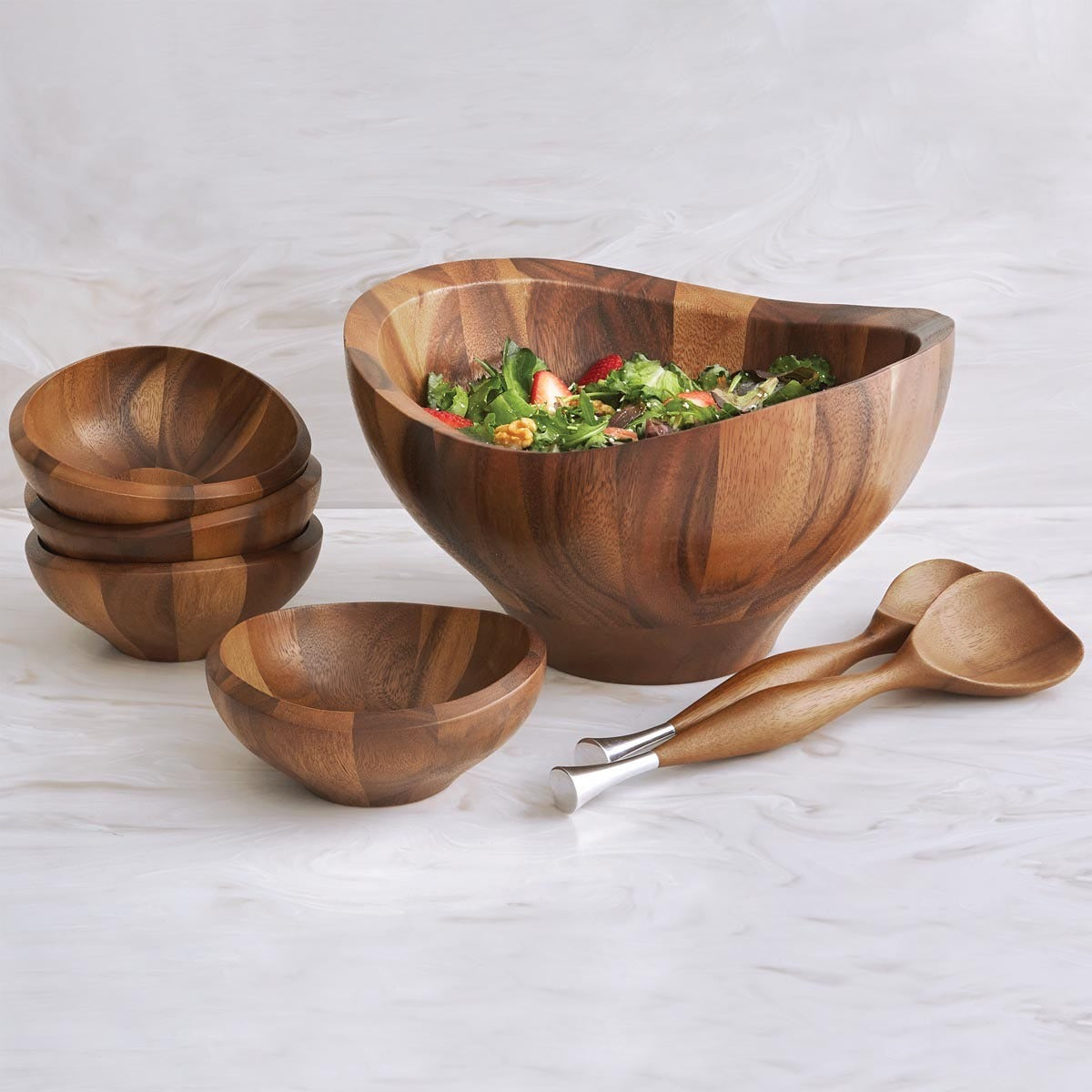 Nambe Solstice 7-Piece Salad Set – Acacia Wood & Alloy Serving Collection Nambé