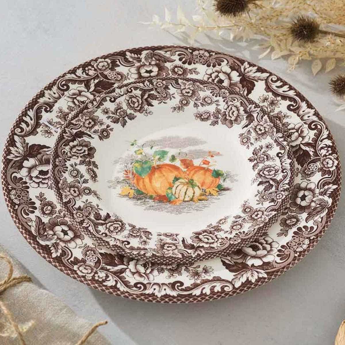 Spode Woodland Pumpkin Harvest Salad Plate – Autumn British Flowers Earthenware Spode