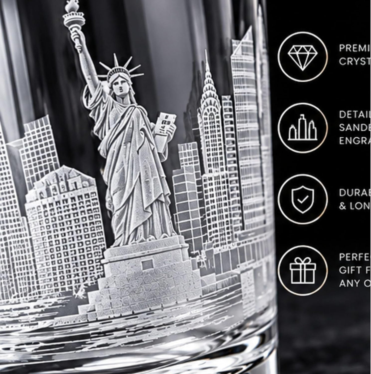 Close-up of a clear glass tumbler featuring an engraved Statue of Liberty and New York City skyline. The right side includes a dark informational panel with icons and text for premium crystal, sand engraving, durability, and gift presentation.
