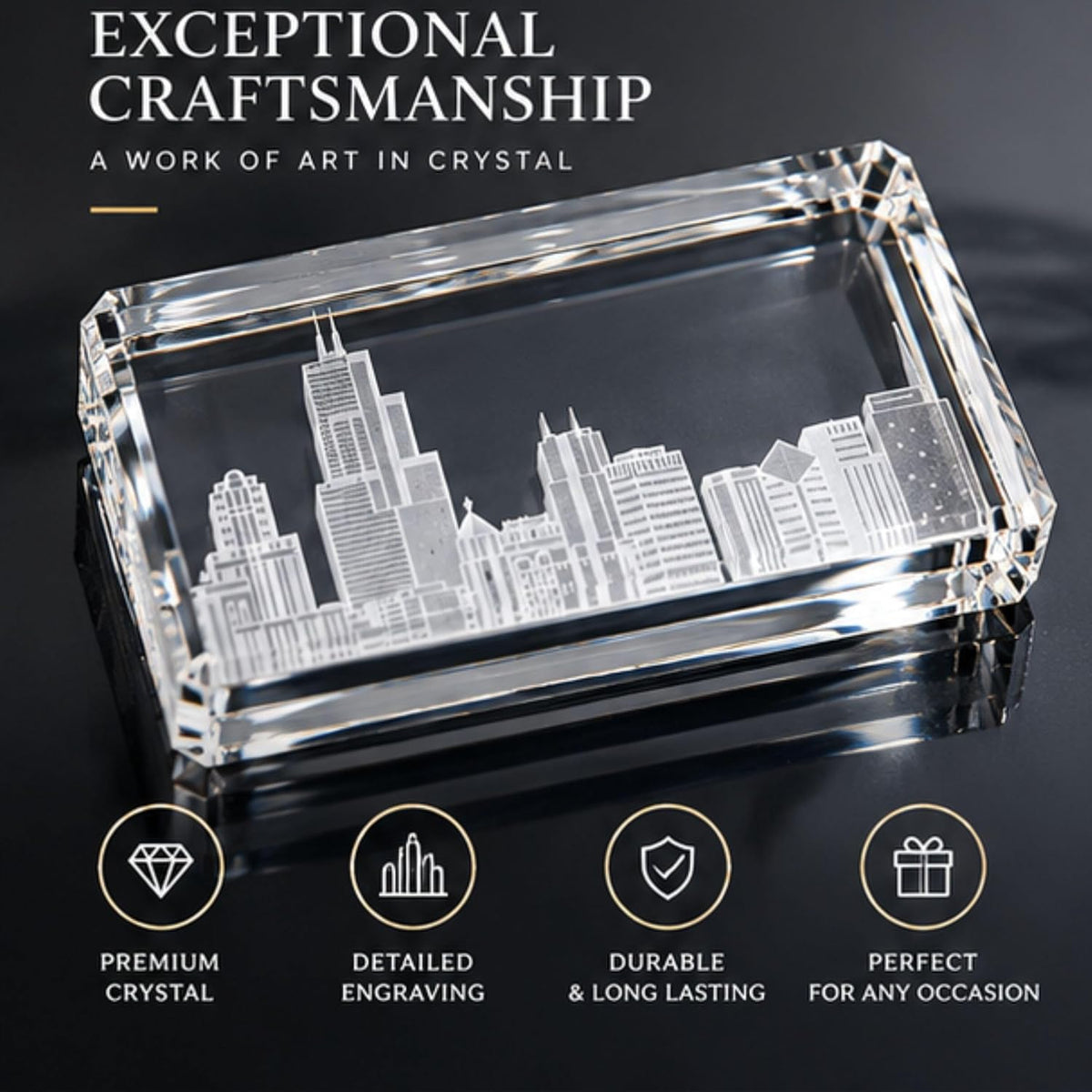 A rectangular clear crystal desk tray engraved with a white city skyline, shown on a dark reflective surface with promotional text and feature icons around it.