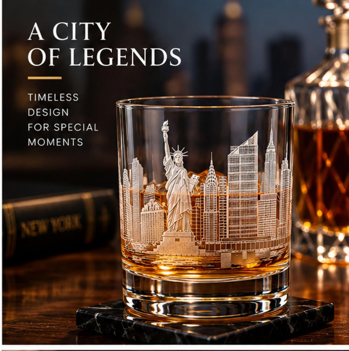 A clear whiskey tumbler with an etched New York City skyline design, filled with amber liquor and resting on a dark coaster on a wooden bar. A whiskey bottle and a book are blurred in the background, with promotional text on the left.